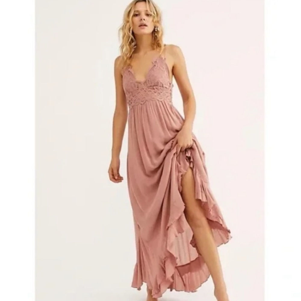 Free People Adella Maxi Floral Lace V-neck Strap Slip Back Dress Pink